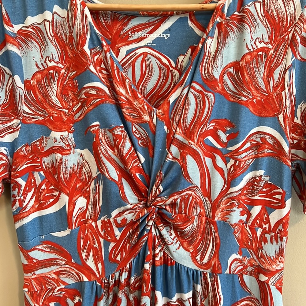 Soft Surroundings Coral & Blue Soft Knit Stretch Long Dress Resort Beach
